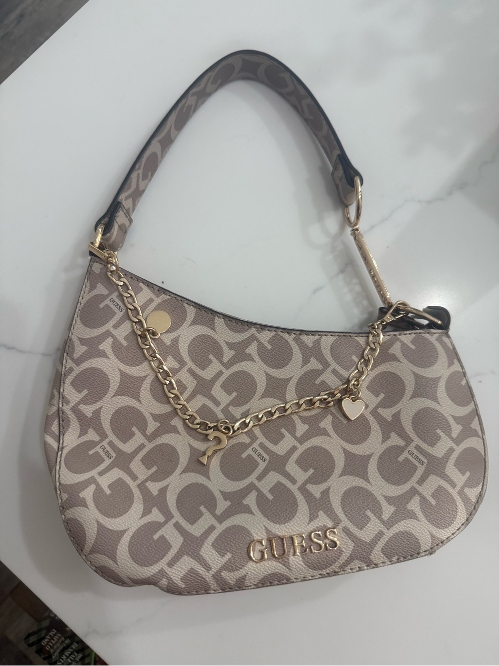 GUESS Y2K Monogram Shoulder Bag with gold chain and charms
